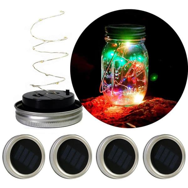 Solar Powered LED Mason Jars Light Up Lid 10 LED String Fairy Star Lights Screw on Silver Lids for Mason Glass Jars Christmas Garden Lights