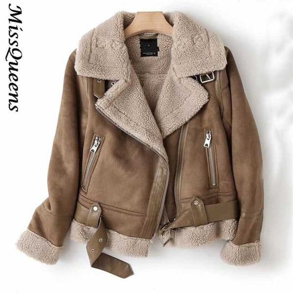 Fur Long Sleeved Loose Belt Warm Women's Jacket Lamb Wool Winter Thickened Locomotive Lapel Female Coat 211126