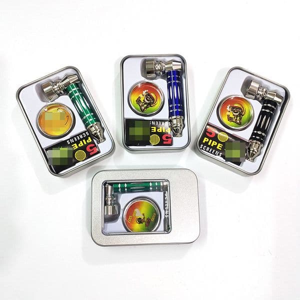 Pipe Set bag Metal Box kit Threaded Colored Smoking 70mm Pipes with screens Grinder Mesh