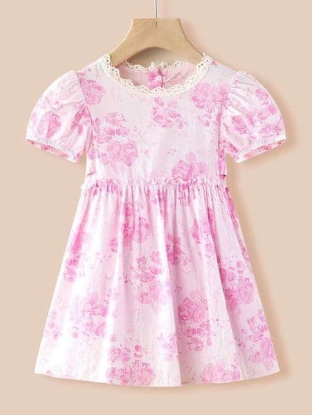 Toddler Girls Floral Print Lace Trim Dress SHE