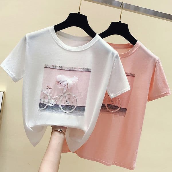 Crystal Bicycle Printed Casual Women T Shirt Round Neck Short Sleeve Female Loose Shirts Summer Fashion Ladies Tops Clothes 210518