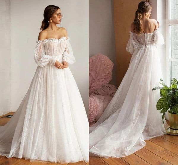 Beach Sexy Bohemian Designer Wedding Dress Bridal Gowns Off Shoulder Puffy Sleeve Dot Tulle Open Back Floor Length Long Sleeves Sweetheart Formal Dresses Custom s es