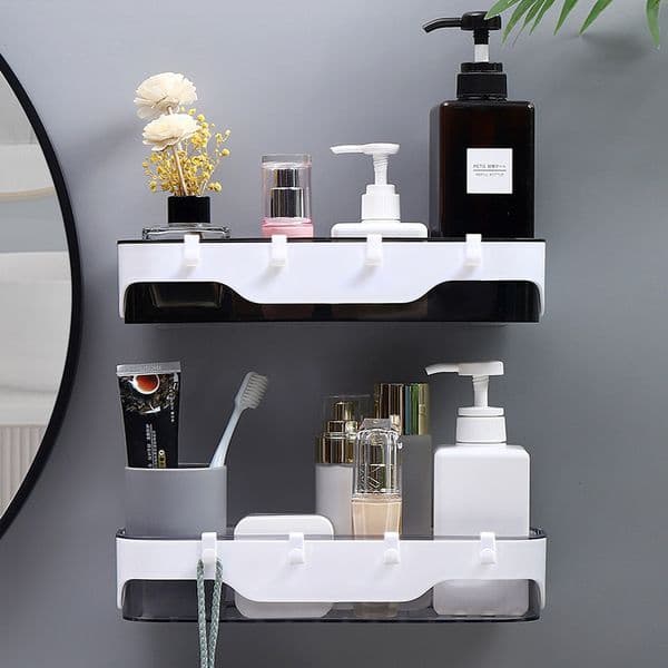 Wall-mounted Storage Rack Bathroom Shelf For Kitchen With Hooks Storage Bathroom Accessories Without Drill Plastic Container 210330