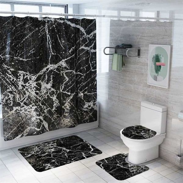 marble Printed Pattern Bathroom Shower Curtain Pedestal Rug Lid Toilet Cover Mat Non-Slip Bath Mat Carpet Set 211130