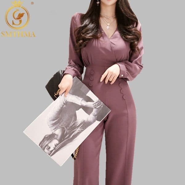 Office Ladies Double Breasted Women Jumpsuit Sexy V-neck Elegant Jumpsuits Slim High waist Long Playsuit 210520