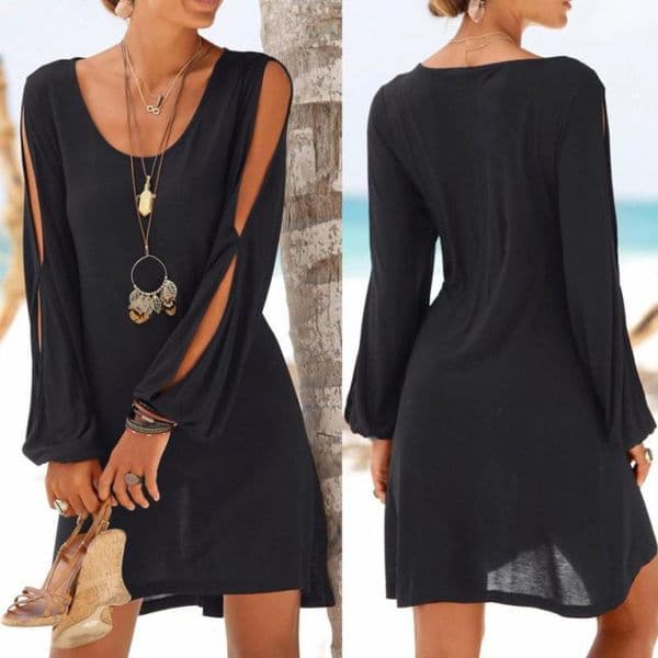 dress Fashion Women Casual O-Neck Hollow Out Sleeve Straight Dress Solid Beach Style Mini dress women 210419
