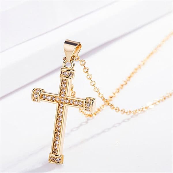 Gold Diamond Jesus Cross Necklace Pendant Crystal Row Necklaces for Women Men Sterling Silver Faith Pendant Jewelry Gifts Fashion Christian Jewelry
