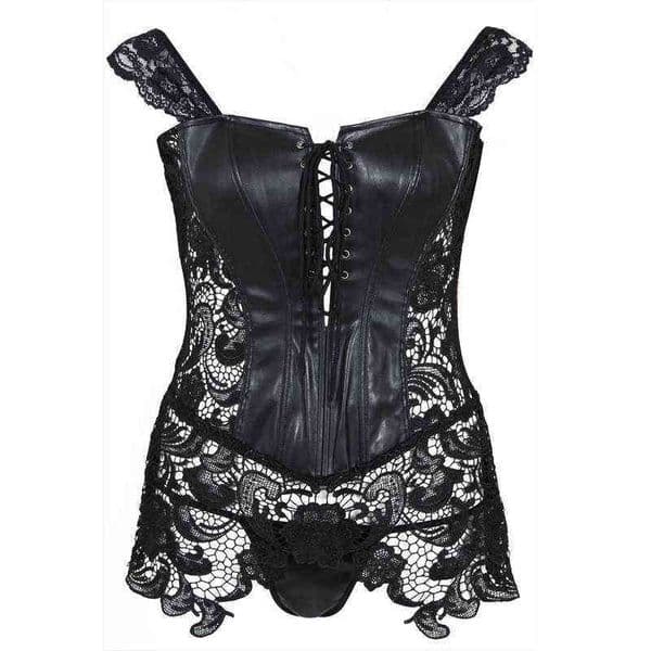 NXY sexy set Plus Size 6XL Women's Sexy Faux Leather Corset Top With Lace Skirt Black Steampunk Gothic Bustier Lingerie up Zipper 1129