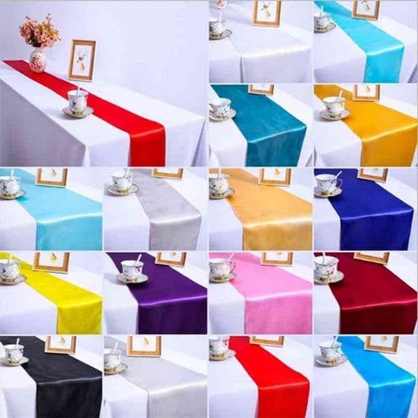 10pc Satin Table Runners White/Red/Black/Gold/Silver/Champagne 18 Color 30*275cm For Wedding el Banquet Home Decoration 210708