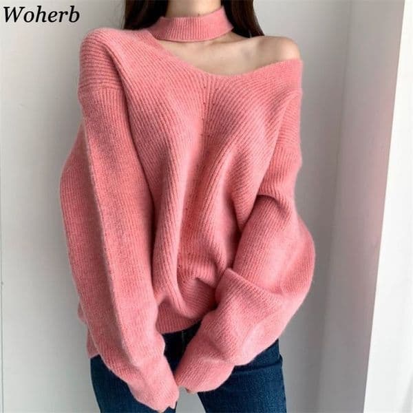 Chic Korean Sweaters Women Hollow Out Knitted Pullovers Fall Woman Clothes Off Hsoulder Jumper Sexy Ladies Tops 210519