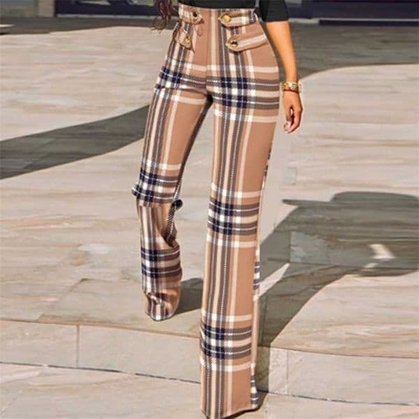 Women Elegant Skinny Straight Pants Spring Houndstooth Plaid Print All Match High Waist Office Suit Slim Trouser
