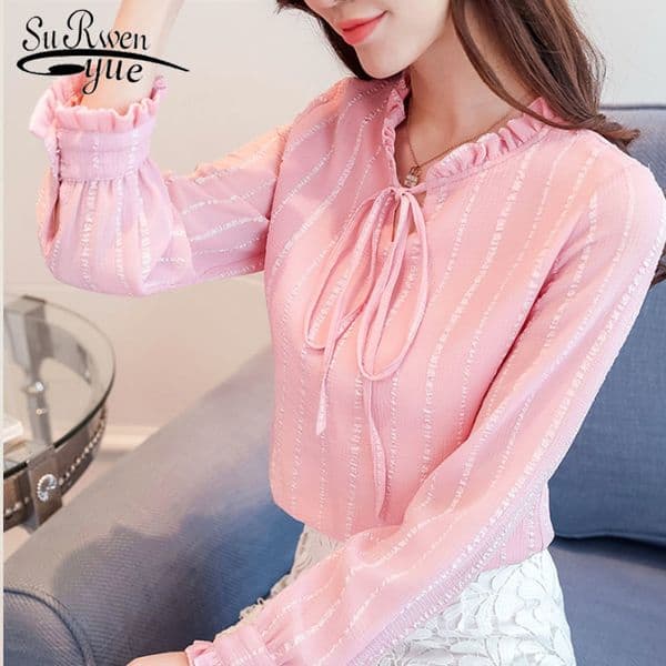 Autumn/spring Fashion Women Chiffon Blouses Long Sleeve Ruffled Collar Casual Clothing Bow Striped Tops 5402 50 210508