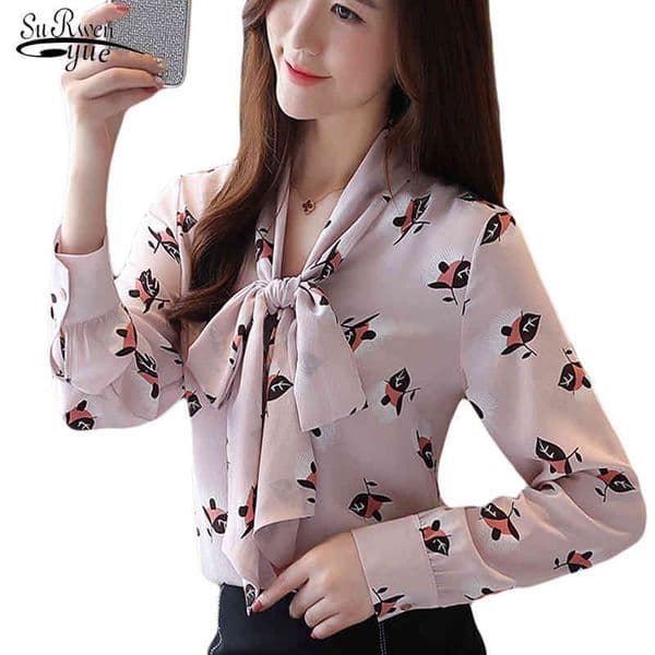 Camisas Mujer Long Sleeve Chiffon Printing Blouse Women Shirt Casual Bow Loose Cardigan Top V Neck 7023 50 210508