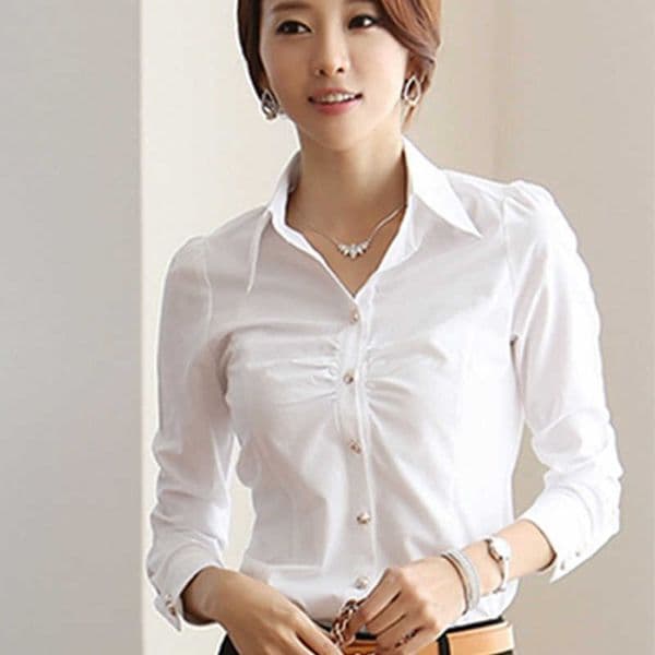 Korean Women Shirts Office Lady V Neck White Woman Chiffon Blouse Basic Blusas Mujer De Moda 210531