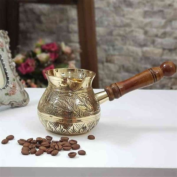 (Set of 3) Turkish Greek Moroccan Coffee Pots Maker Kettle Cezve for Stovetop Serving Espresso with Wooden Handle Hammered Brass 210408