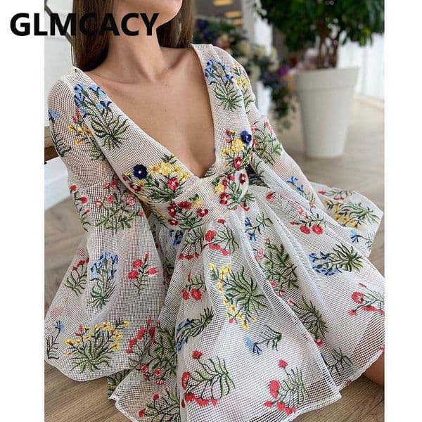 Women Lantern Sleeve Grid Floral Embroidered Dress Sweet V Neck Boho Holiday Dresses 210702