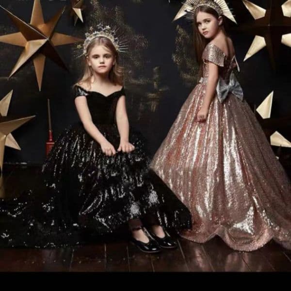 Luxury Girls Pageant Dresses Silver Bling Sequined Fluffy Off the Shoulder Ruched Flower Girl Dresses Ball Gowns Party Dresses for Girls