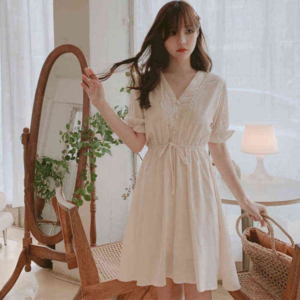New Lace up Summer Dress Girls Boho Party Chiffon Female Vintage Dress white Short Sleeve Women Dresses Robe Vestido Y1204