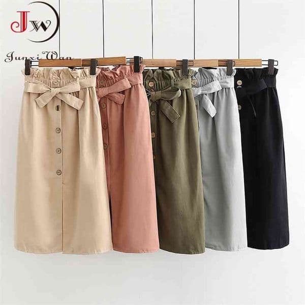 Women Casual Cotton Skirts Spring And Summer Korean Style Solid Elegant High Waist Single-Breasted Lace Up Split Midi Skirt 210621