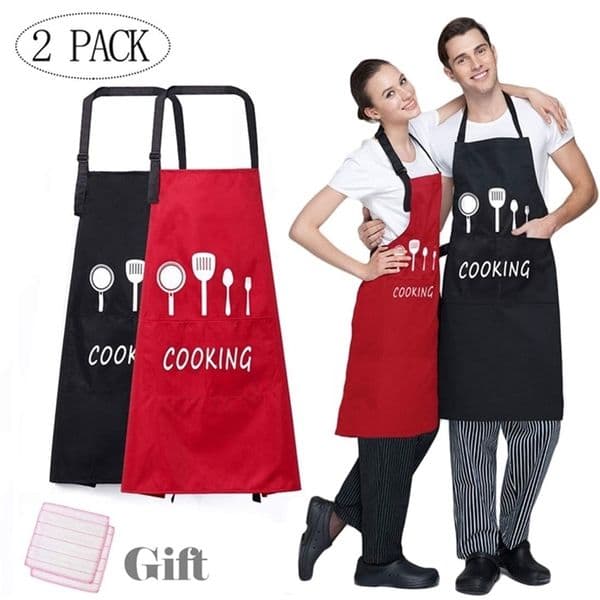 LMETJMA 2 Pcs Kitchen Aprons Adjustable Waterproof Oil Proof Chef Cooking With Big Pockets Women Barbecue Bib KC0303 210629