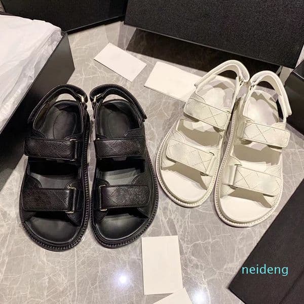 Summer Casual Flat Genuine Leather Sandals Classics Button Front Rear Strap Versatile Checkered Grid Hook Loop Womens Shoes Narrow Band 2021
