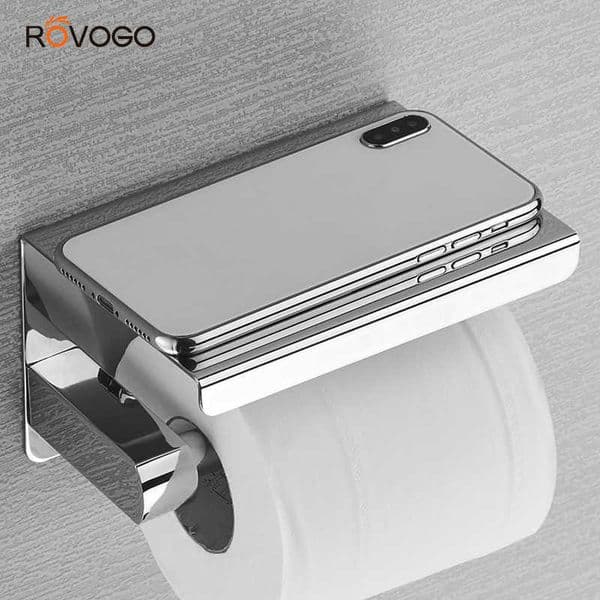 ROVOGO SUS 304 Stainless Steel Toilet Paper Holder with Phone Shelf, Bathroom Tissue Roll 210709