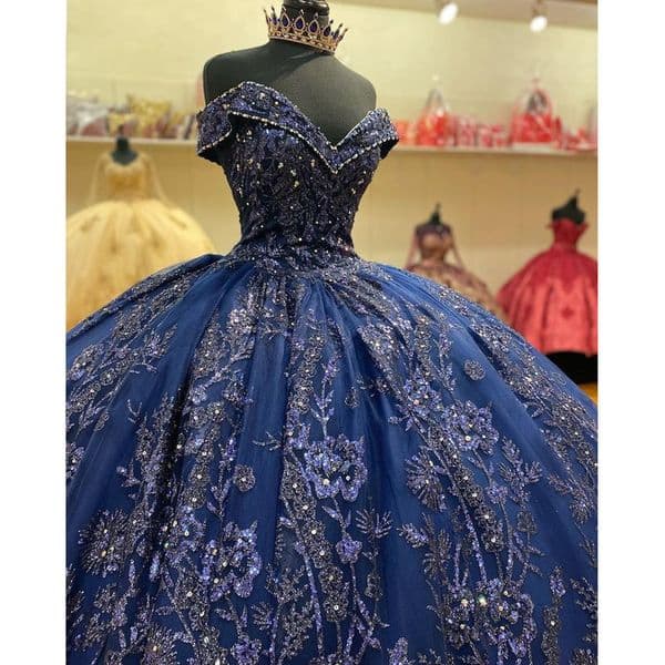 Luxury Beading Navy Blue Quinceanera Dress Lace Applique Off Shoulder Sweet 16 Ball Gown