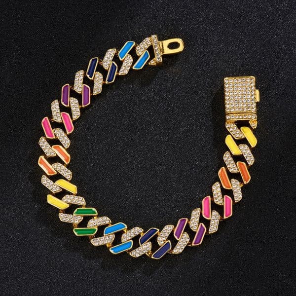 New Fashion jewelry Charms Cuban Necklace 12mm Diamond Colorful Rainbow European and American Bracelet Full of Diamonds Hip hop Necklace Women