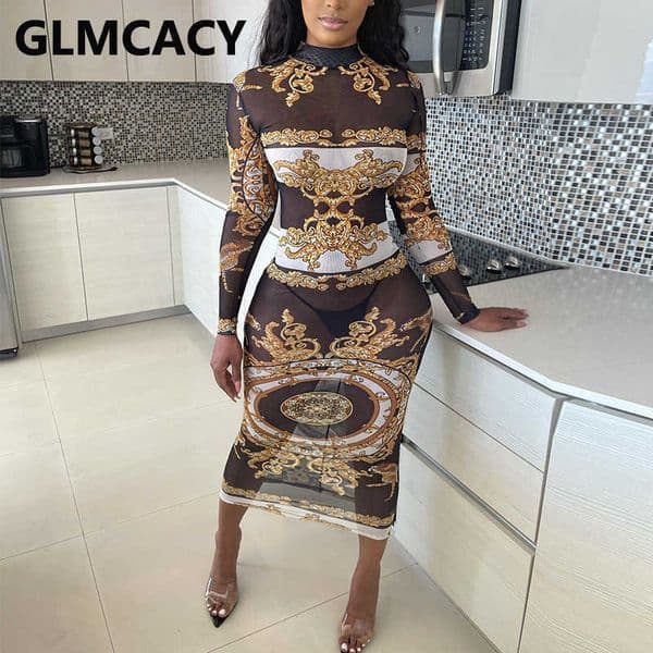 Women Sexy & Club Printed Long Sleeve Bodycon Maxi Dress 210702