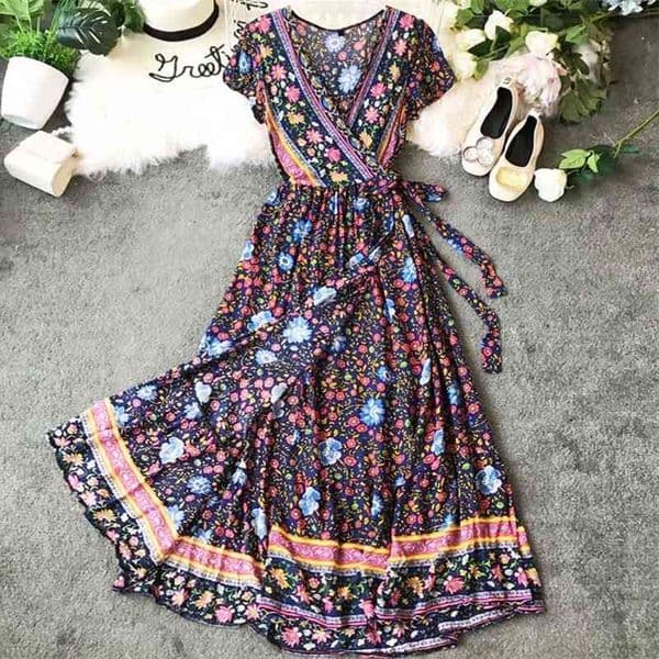 BOHO INSPIRED PINK FLORAL Wrap summer dress V-neck belt tied new maxi dress short sleeve gypsy casual women dress vestidos 210331