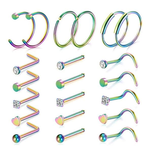 21Pcs Hypoallergenic Stainless Steel Piercing Jewelry Set Gold Silver Black Nose Lip Hoop Rings Bar Studs Unisex Body Accessories