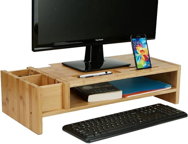MONITORBM-BRN Monitor Stand Organizer, 6 Compartments, Office, Desk, Laptop, Eco Friendly Bamboo Brown