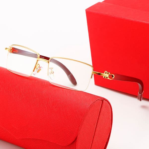 Brand Designer Sunglasses Women Big Square Eyeglasses Mens Semi Rimless Half Frame Gold Oversized Sunglass Wood Fashion Eyeglass 56mm Polarized UV400 Sun Glasses