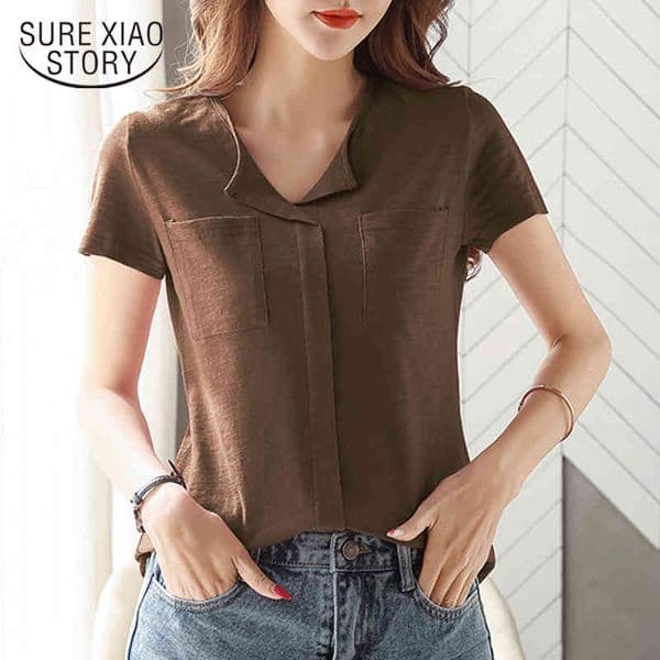 Casual Solid Color Pockets Summer V-neck Cotton T-shirt Women Oversized Vintage Tops Female Clothing Blusas 13772 210415