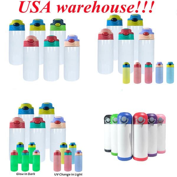 Local Warehouse!!sublimation 12oz kids water bottle straight sippy flip cup lid tumbler UV glow in the dark tumblers USA stock