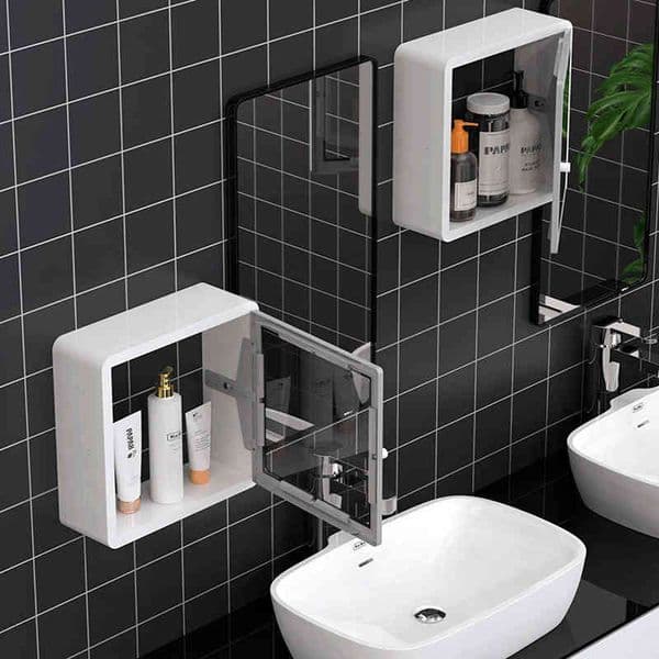 Bathroom Shelf with Door Organizer Rack Waterproof Wall Shelf DIY Dustproof Plastic Storage Shelf with Mirror Home Accessories 210331