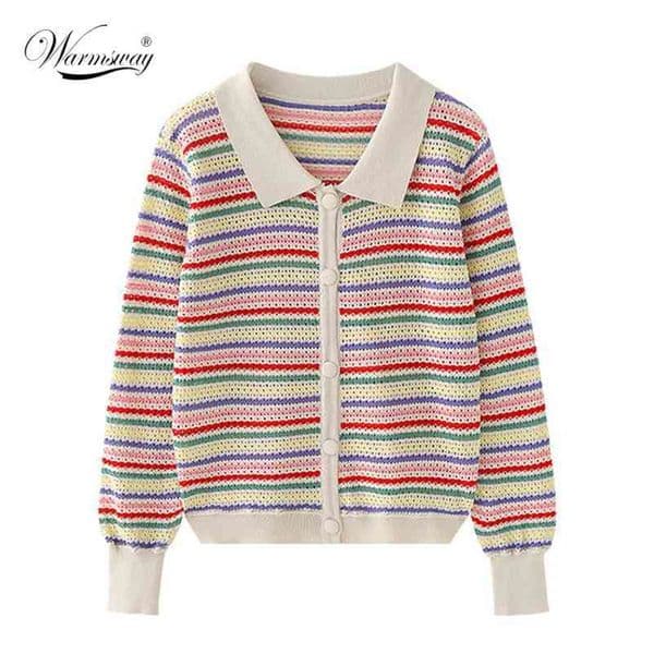 Color-blocked Knitted Cardigan Tops Women Rainbow Hollow Out Single-Breasted Sweater Slim Fit Thin Sunscreen Knitwear B-097 210522