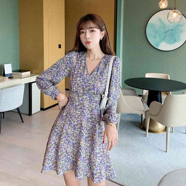 Spring And Summer Sundresses Women's Chiffon Dress Holiday V-Neck Long-Sleeved Kawaii Floral 210514