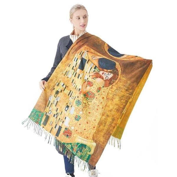 Cashmere Scarf Women Digital Printing Pashmina Shawl Wraps Gustav Klimt Oil Painting Der Kuss Bandana Femme Foulard Tassels 211110