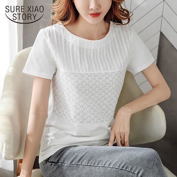 Women's Tops Solid Blouse Women Summer Ladies Short Sleeve Round Collar Floral Lace Shirts Blusas Mujer De Moda 8586 50 210415