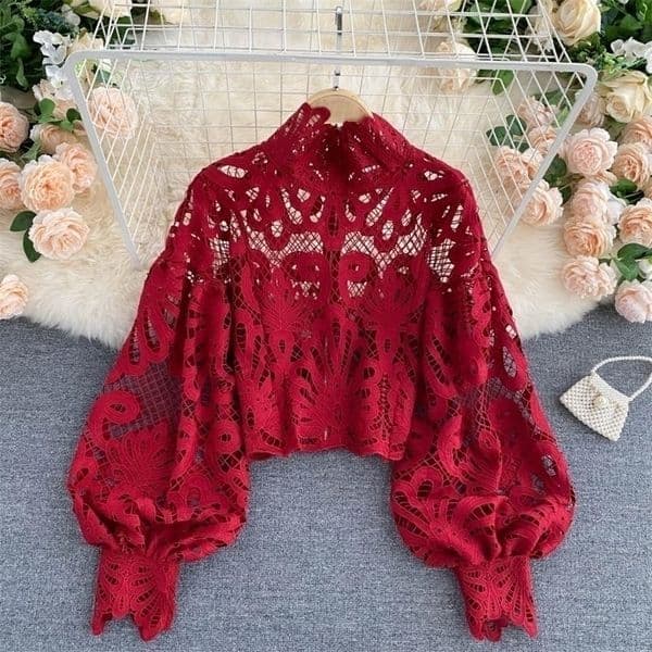 Sexy Lace Hollow Out Short Blouse Casual Lantern Long Sleeve Stand Collar Shirts Female Elegant Red/Pink/White Loose Tops 220310