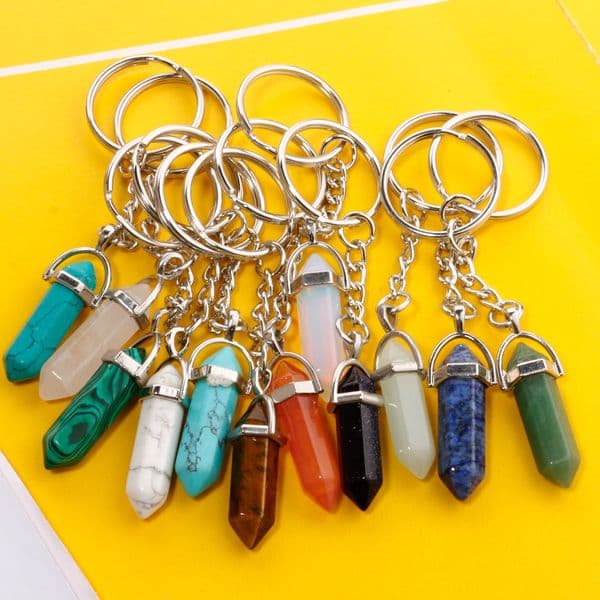Natural Stone Hexagonal Prism Keychain Amethyst Rose Quartz Tiger's Eye Opal Crystal Key Ring Key Chain keyring