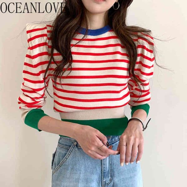 Autumn Pull Femme Striped Sweet Puff Sleeve Short Sweaters Women Slim Korean Chic Fashion Winter Pullovers 18411 210415