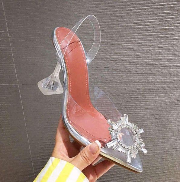 luxury designer high heel silver rhinestone pvc clear transparent shoes women pointed toe pumps bridal