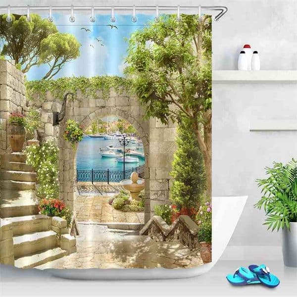 Bathroom Decor Cloth Curtains Waterproof Shower Curtain Set Polyester Bath Accessory Ancient Arch With View On The Sea And Pier 210915