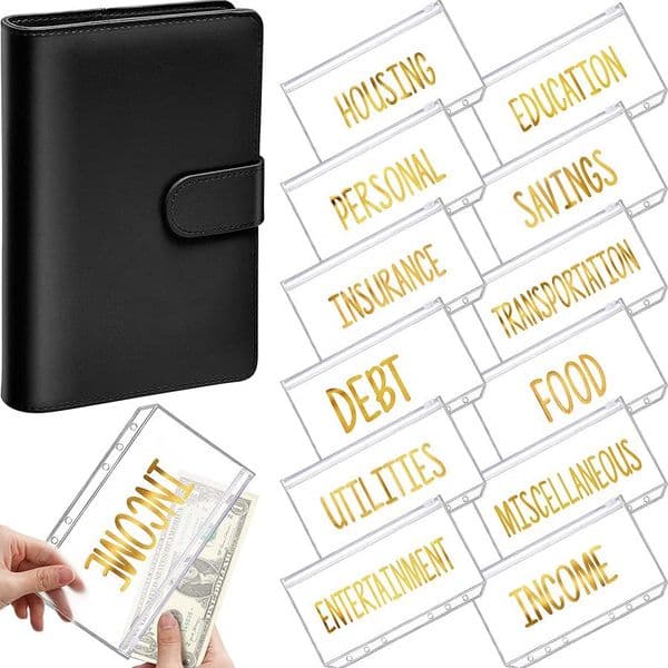 A6 PU Leather Budget Cash Envelope Organizer Personal Wallet 12 Binder Pockets Zipper Folders for Planner Saving Money