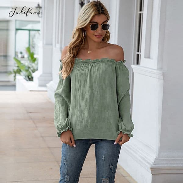 Tops And Blouses Women Casual Loose Solid Green Ruffle Off Shoulder Cotton And Linen Ladies Shirts Fashion Spring Autumn 210415