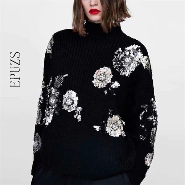 Vintage sequin black turtleneck sweater women knitted pullove casual thick korean winter 210521