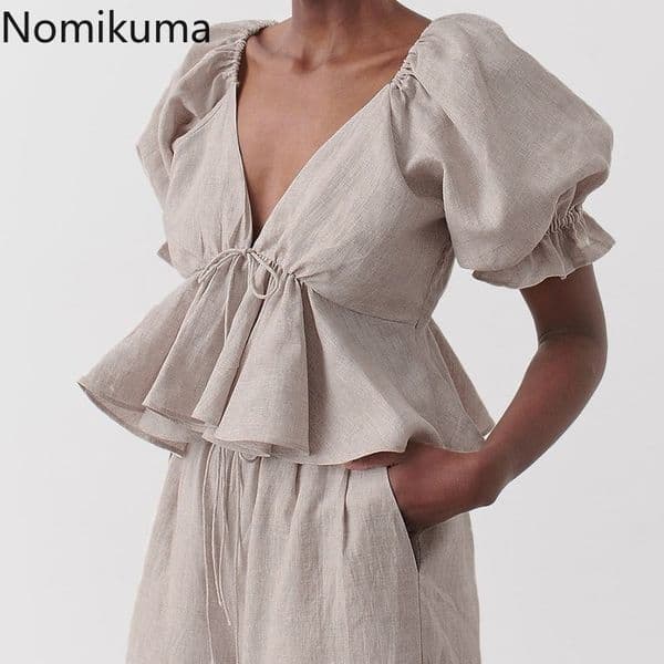 Nomikuma Spring cotton linen Women Blouse Shirt Sexy Bow Tie Backless Top New Puff Sleeve V-neck Ruffle Sweet Blusas 6F660 210427