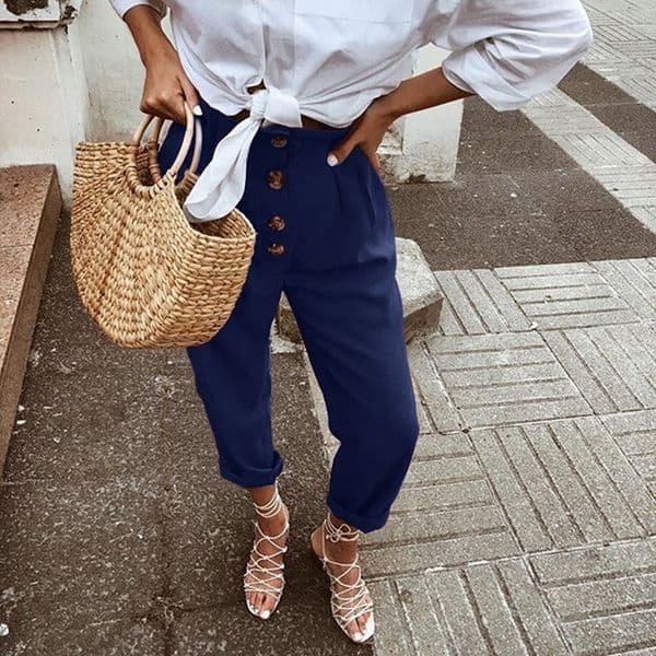 Women Pants High Waist Solid Ankle Length Trousers Female Sweatpant Fashion Vintage Button Stretch Pencil Pants Plus Size 210419
